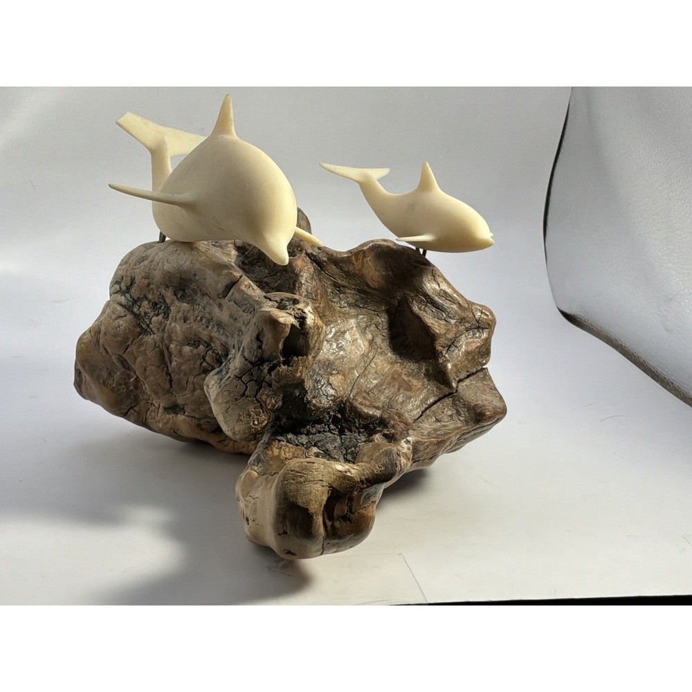 John Perry Parent & Baby Dolphin Sculpture On Burl Wood OnHas Broken Tail Shark?